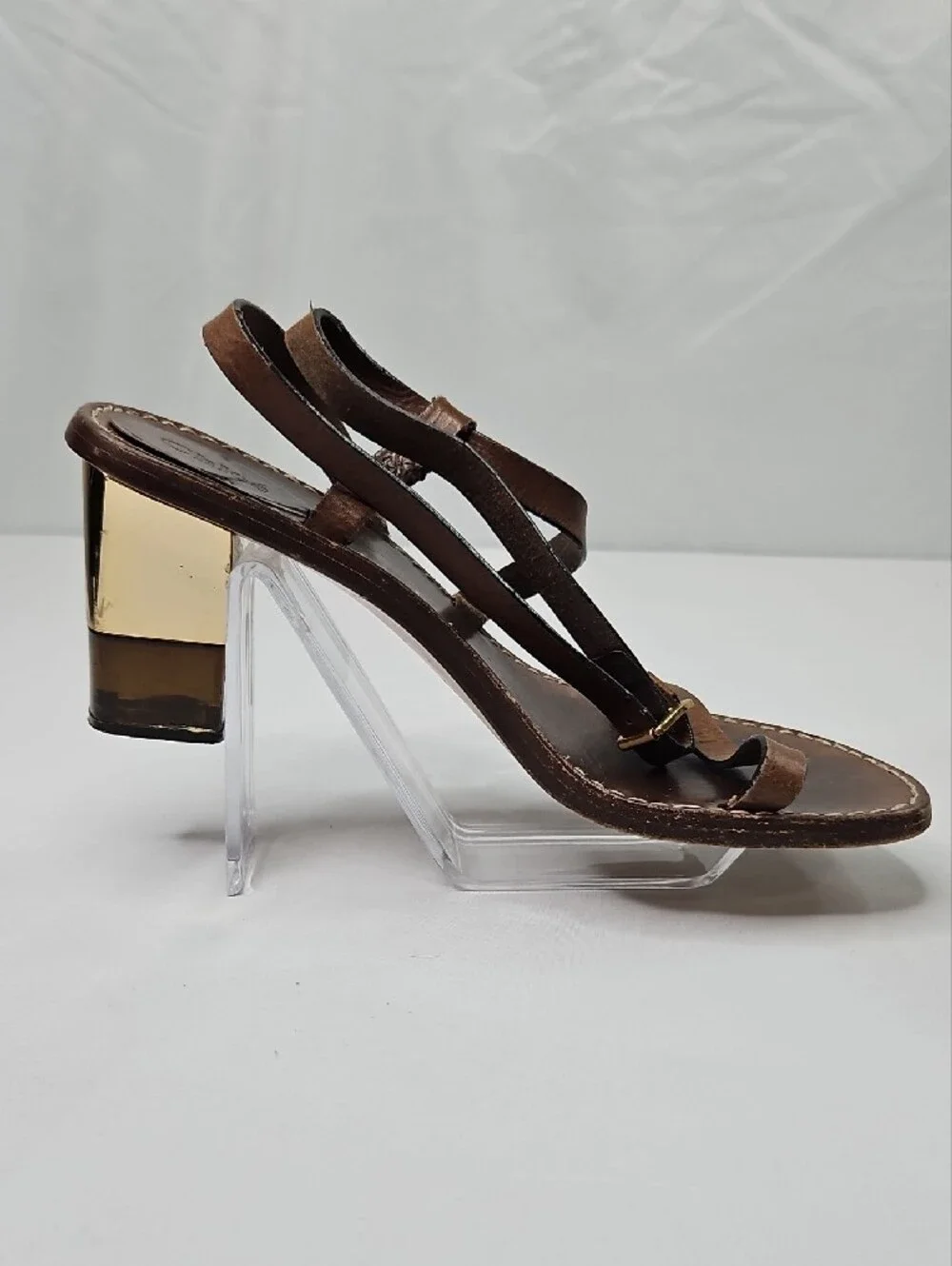 Chloe Brown Leather Strappy Gold Block  Sandals Size 39.5